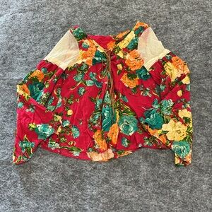 FARM RIO Boho Crotchet Floral Red and Green Women's Long Bell Sleeve Top Size S